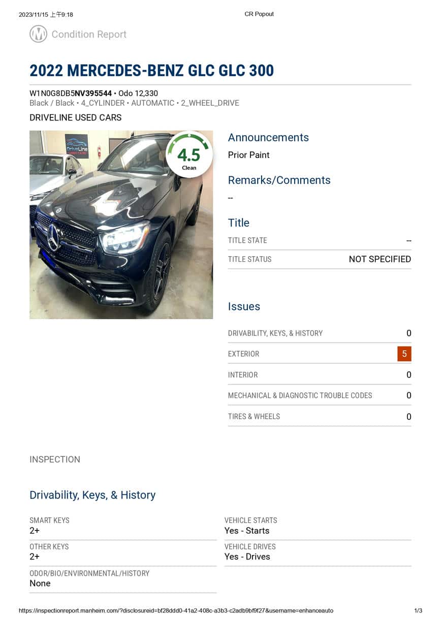 Manheim 車況報告示意 1